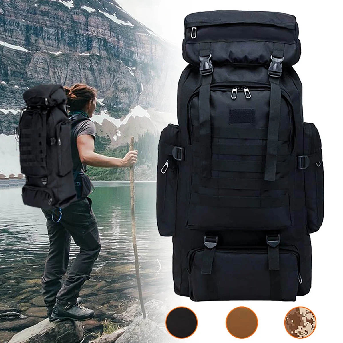 80L Backpack Waterproof Fishing Shoulder Bag Miltifunction Bag for Adult Outdoor Sports Climbing Camping Hiking Travel-Black