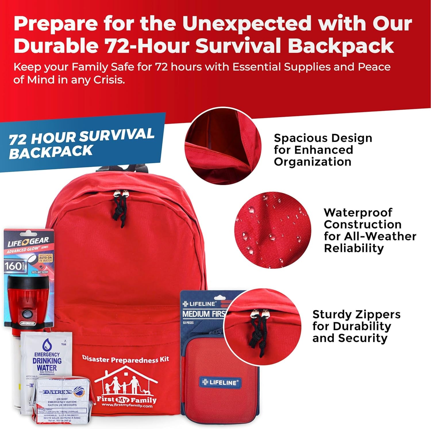 First My Family All-In-One Premium 2-Person Emergency Survival Kit | Hurricane & Earthquake Preparedness Supplies | Disaster Backpack with 72-Hour Survival Gear, First Aid, and More