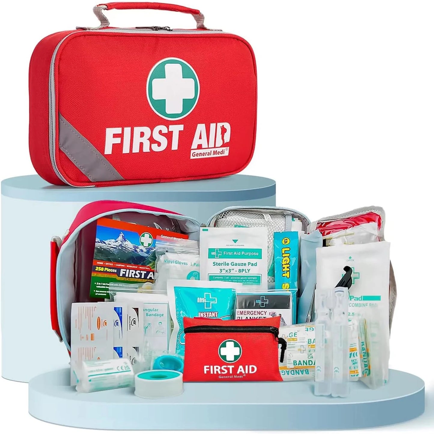 2-In-1 First Aid Kit (215 Piece) + Bonus 43 Piece Mini First Aid Kit -Includes Eyewash, Ice(Cold) Pack, Moleskin Pad and Emergency Blanket for Travel, Home, Office, Car, Camping