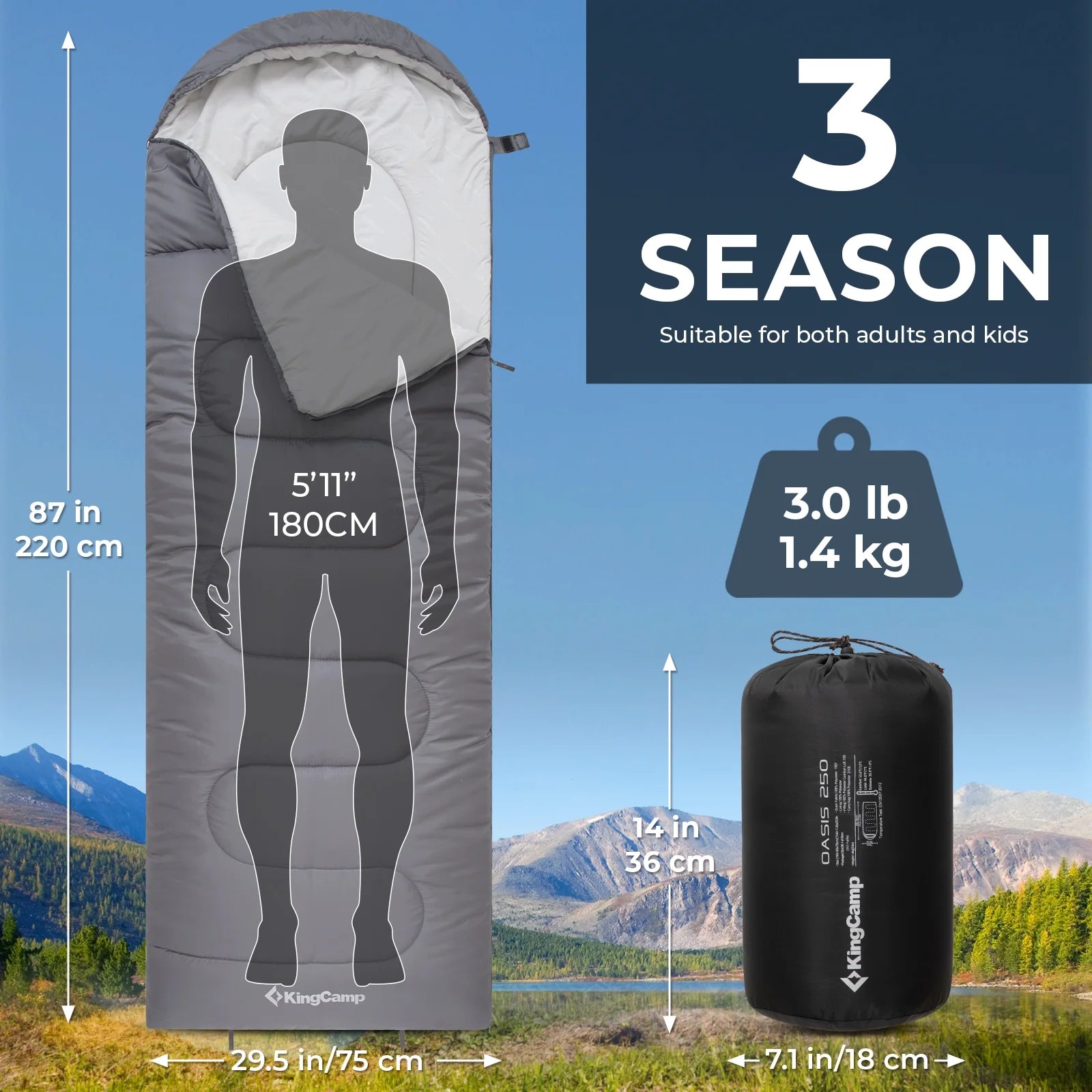 Camping Sleeping Bags for Adults Lightweight Waterproof Cold Weather 3 Season Sleeping Bag for Warm Backpacking Hiking Outdoor Travel Hunting with Compression Bags, Grey