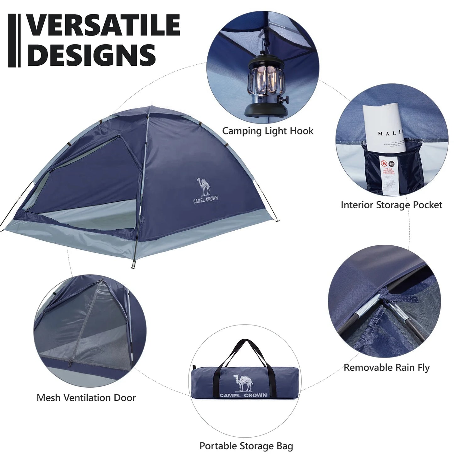 Camping Tent Waterproof 2 Person Tent for Camping Outdoor Dome Tent with Windproof Emergency Tents Lightweight Portable Tent with Carry Bag Navy Blue