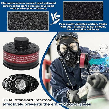 Full Face Respirator Mask with 40Mm Activated Carbon Filters, Full Face Gas Mask Survival for Asbestos, Chemical, Gas, Welding, Fume and Cosmlay